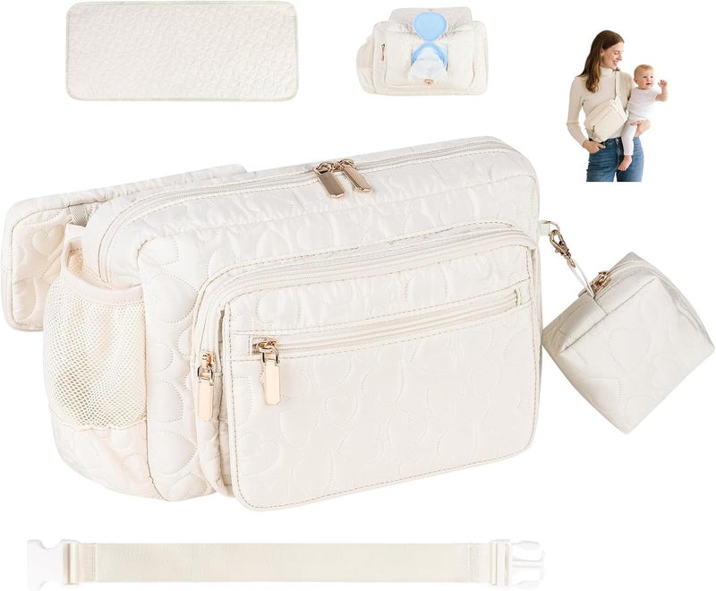 Rexmore Store Puffer Quilted Fanny Pack Diaper Bag for Mom - Women‘s Compact Crossbody Purse with Portable Changing Pad & Wipes Pouch, Travel & Quick Errand Baby Essentials Organizer (Off White) - Image 1